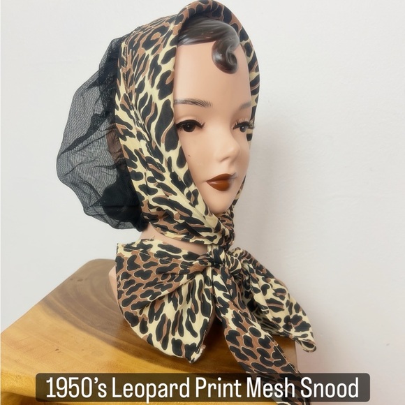 Vintage Accessories - RARE 1950’s 50s Vintage Rayon Leopard Print Black Mesh Snood Scarf Head Wrap